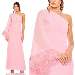 Mac Duggal 11442 Feather Cuff One Shoulder Ruched Gown Size 12 NWT Rose Pink